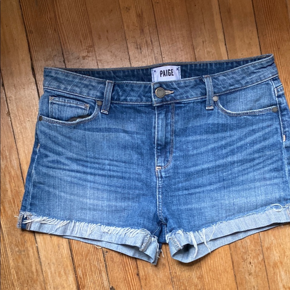 PAIGE Blue Jean Shorts Cuffed Hem Medium Wash